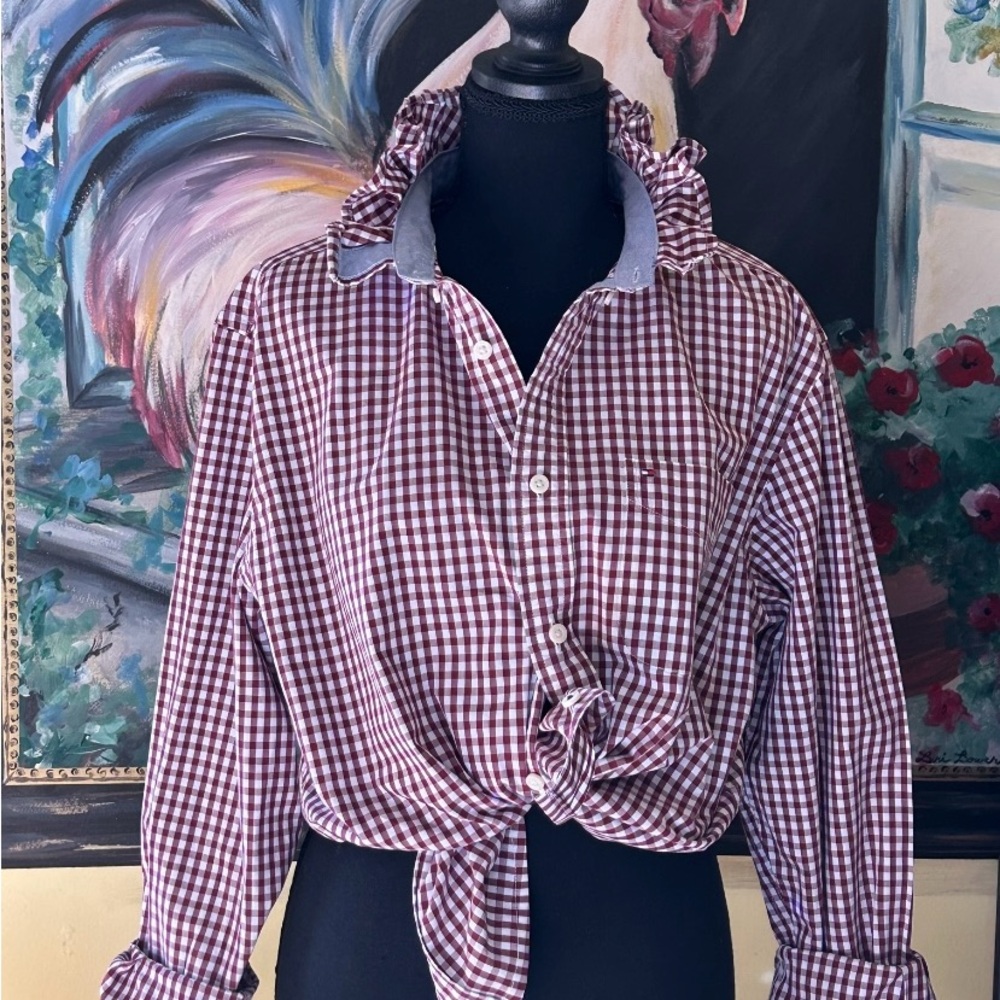 Red gingham Tommy Hilfiger Upcycled men’s shirt with ruffle collar